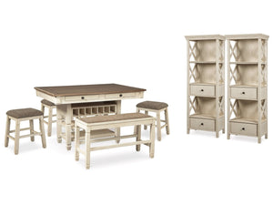 Bolanburg White Counter Height Dining Table, 4 Stools, Bench and 2 Display Cabinets