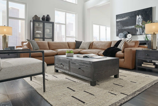 Emilia Caramel Leather 5pc Modular Sectional and Ottoman