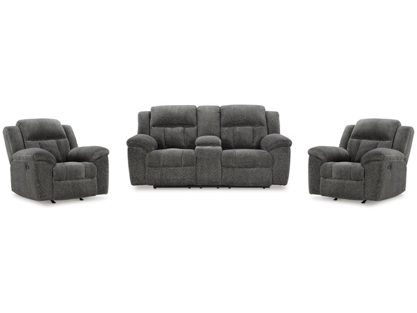 Frohn Graphite Reclining Loveseat with Console and 2 Recliners