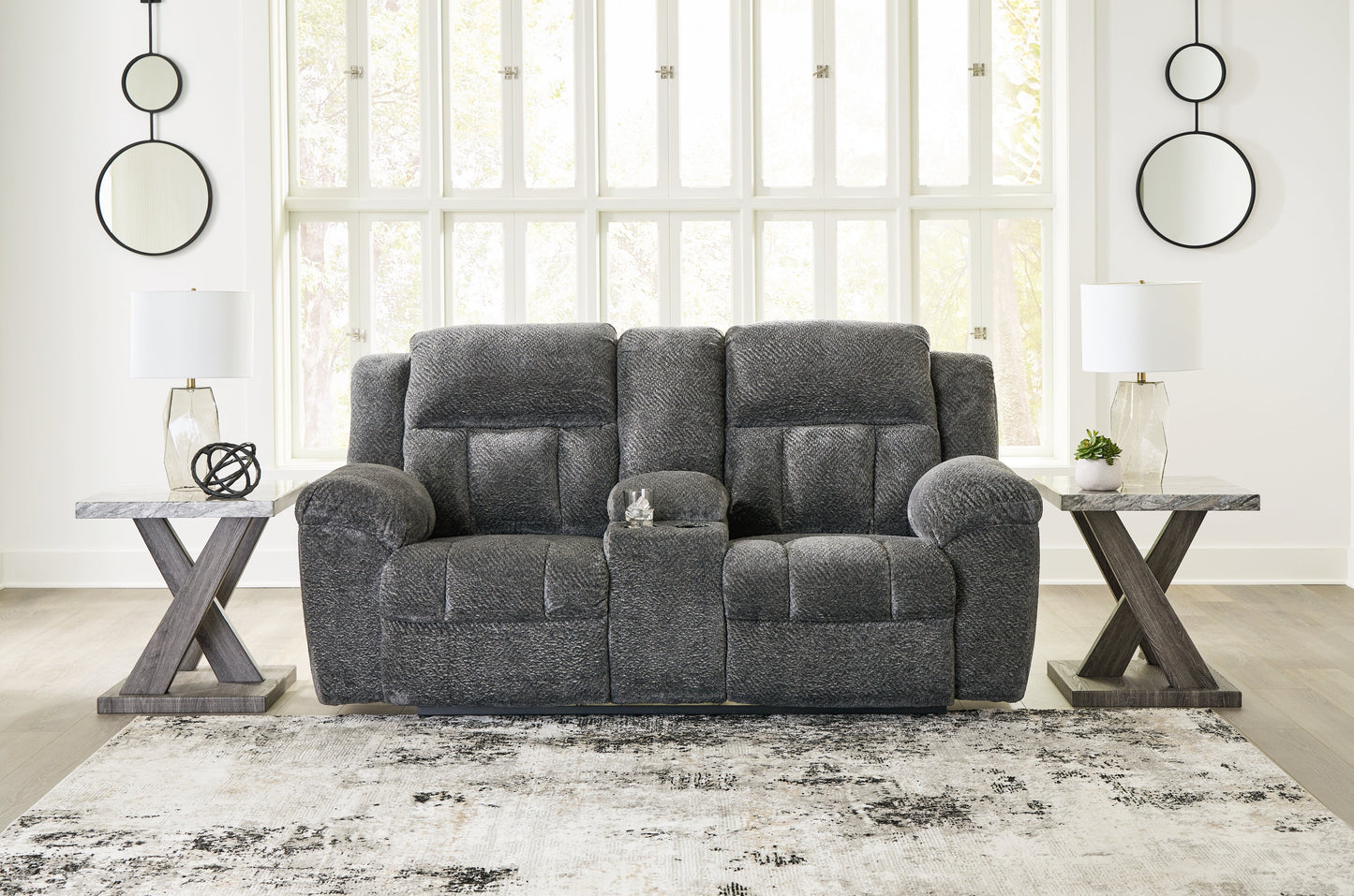 Frohn Graphite Reclining Loveseat with Console and 2 Recliners