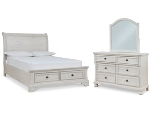 Robbinsdale Antique White Full Sleigh Storage Bed, Dresser and Mirror