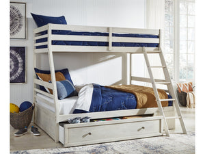 Robbinsdale Antique White Twin over Full Bunk Bed with Storage and Mattresses