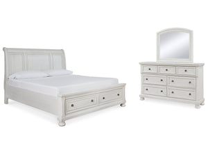 Robbinsdale White Queen Sleigh Storage Bedroom Set with Dresser and Mirror
