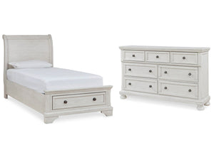 Robbinsdale White Twin Sleigh Storage Bedroom Set with Dresser