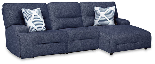 Ashley Acklen Place Navy 3 Piece Power Reclining Sectional With RAF Power Reclining Back Chaise And Power Armless Recliner