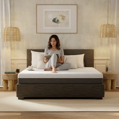 Modern bedroom setup featuring Omne Fria cooling mattress