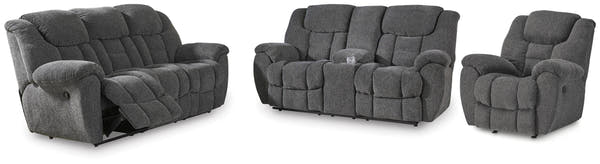 Foreside Charcoal Reclining Sofa, Loveseat and Recliner