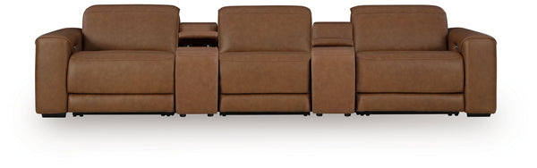 Ashley Magic Man Caramel 5 Piece Power Reclining Sectional With 2 Consoles