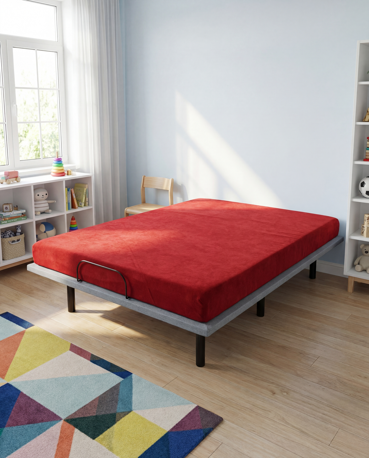 Red Kids Mattress with colorful rug featuring Omne mattress