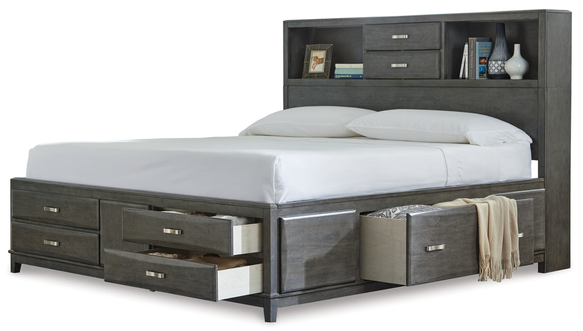 Caitbrook Gray King Storage Bed with drawers open
