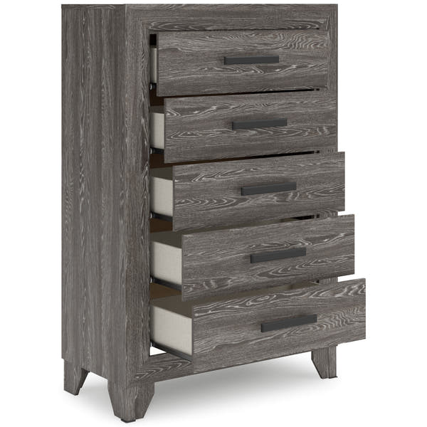 Sylveri Warm Gray Five Drawer Chest with drawers open