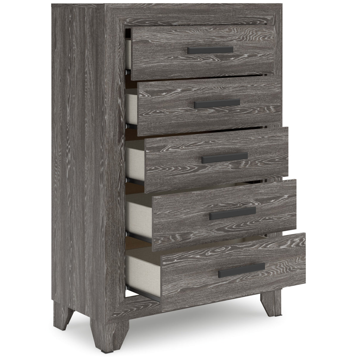 Sylveri Warm Gray Five Drawer Chest with drawers open