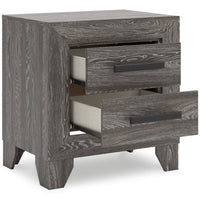 Sylveri Warm Gray Two Drawer Nightstand with drawers open