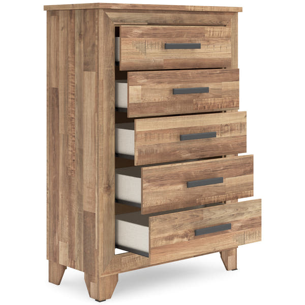 Finaria Warm Brown Five Drawer Chest with drawers open