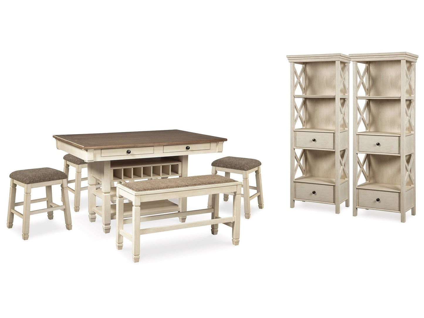 Bolanburg White Counter Height Dining Table, 4 Stools, Bench and 2 Display Cabinets