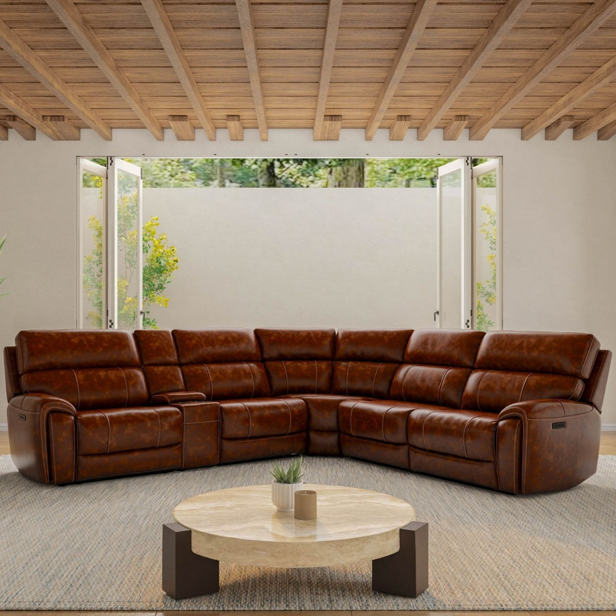 Leather Sectional with Power Head & Foot Recline Brazil Cognac