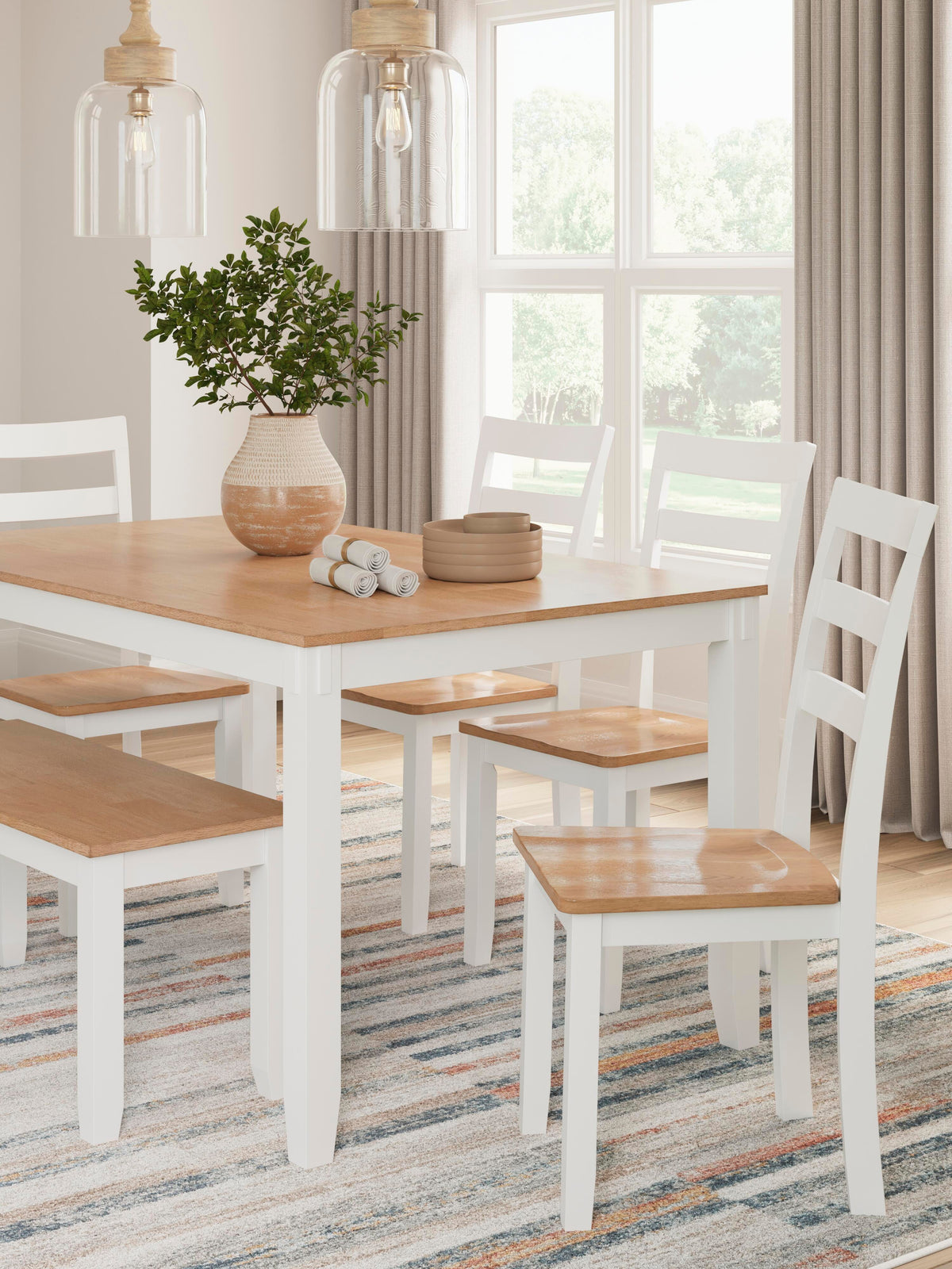 Gesthaven Natural/White Dining Table with 4 Chairs and Bench (Set of 6)