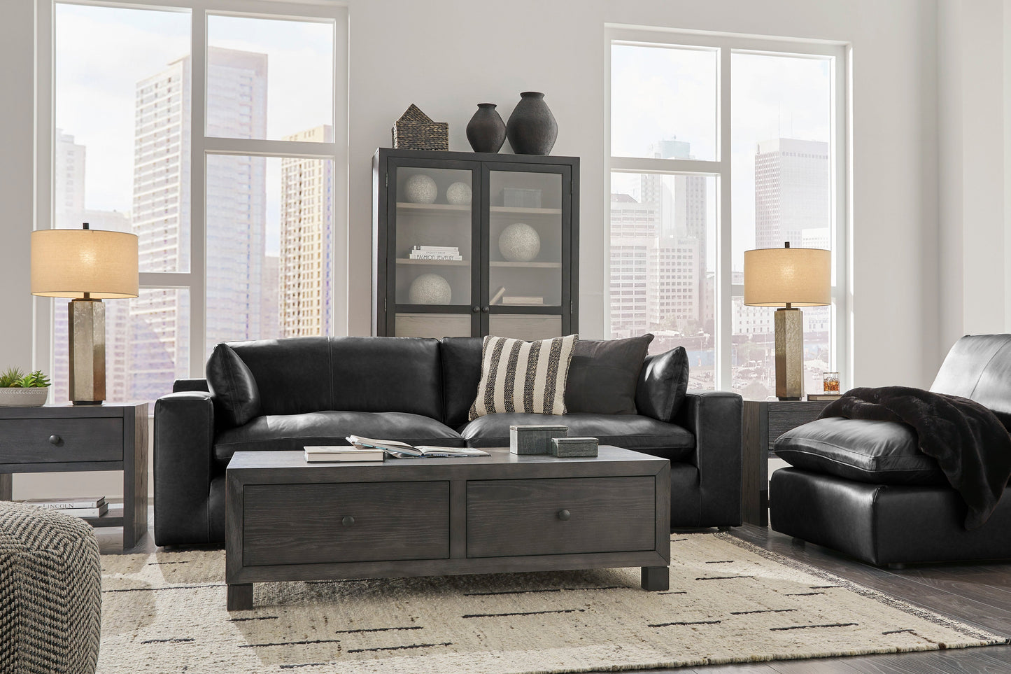 Emilia Black Leather 3pc Modular Sectional Sofa