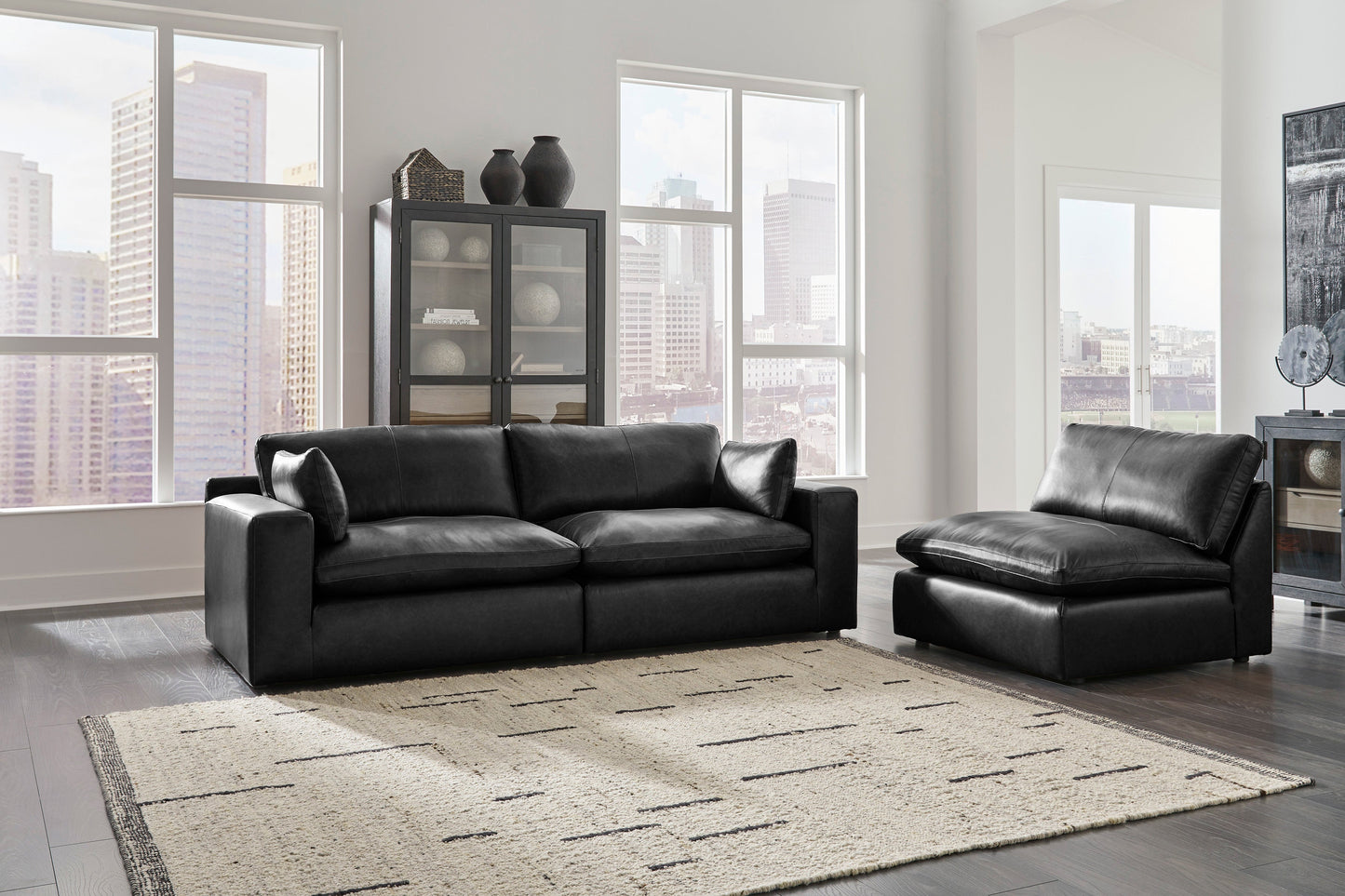 Emilia Black Leather 3pc Modular Sectional Sofa
