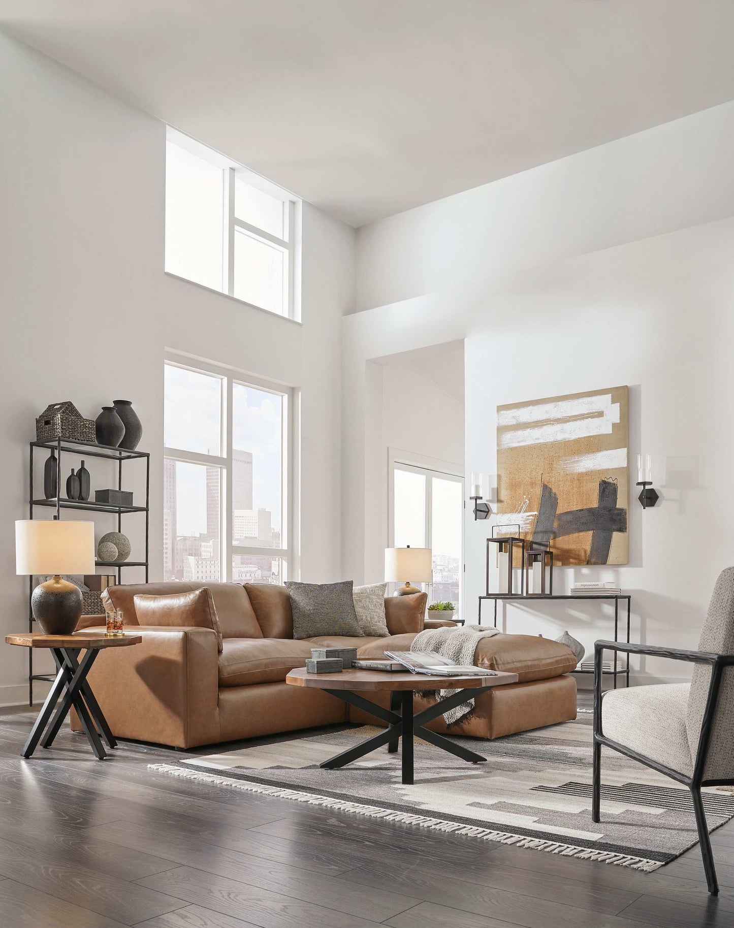 Emilia Caramel Leather 3pc Modular Sectional w/ Ottoman