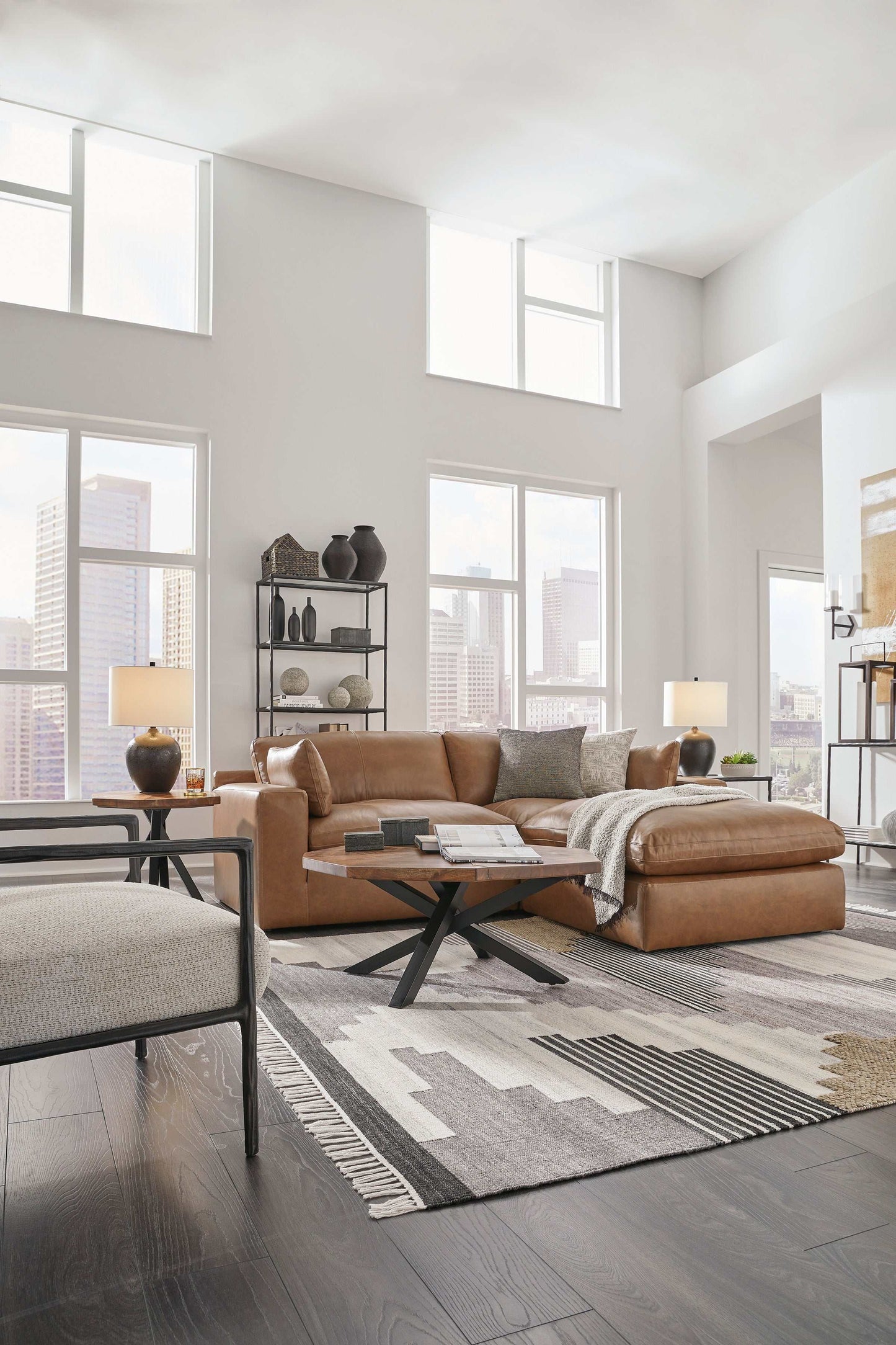 Emilia Caramel Leather 3pc Modular Sectional w/ Ottoman