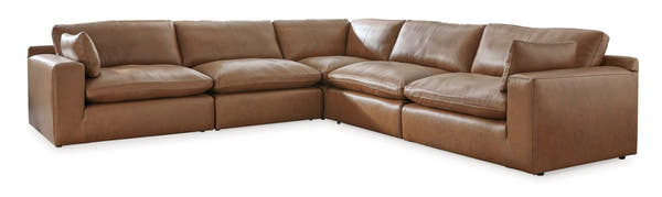 Emilia Caramel Leather 5pc Modular Sectional and Ottoman