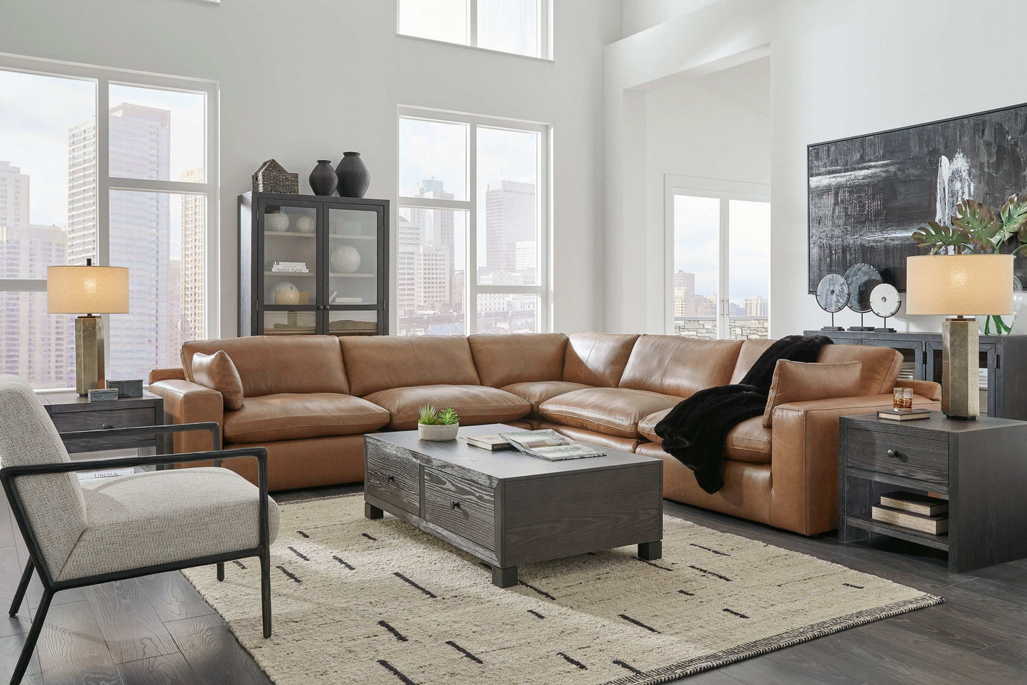 Emilia Caramel Leather 5pc Modular Sectional and Ottoman