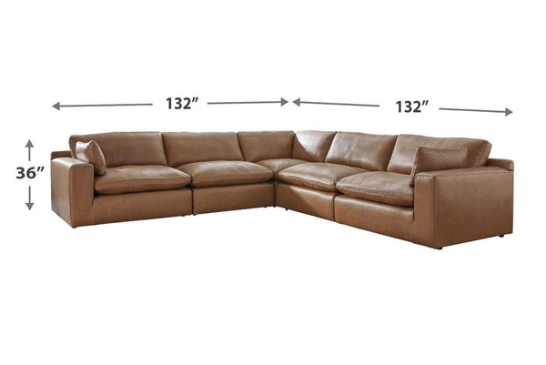Emilia Caramel Leather 5pc Modular Sectional and Ottoman