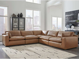 Emilia Caramel Leather 5pc Modular Sectional and Ottoman