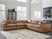 Emilia Caramel Leather 5pc Modular Sectional and Ottoman