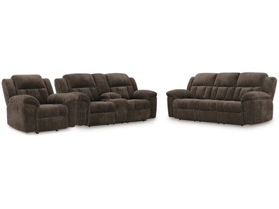 Frohn Chocolate Reclining Sofa, Loveseat and Recliner