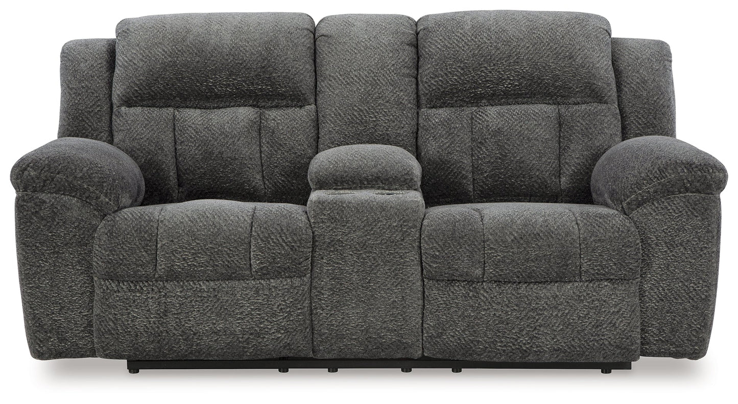 Frohn Graphite Reclining Loveseat with Console and 2 Recliners