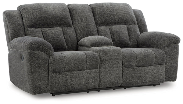 Frohn Graphite Reclining Loveseat with Console and 2 Recliners