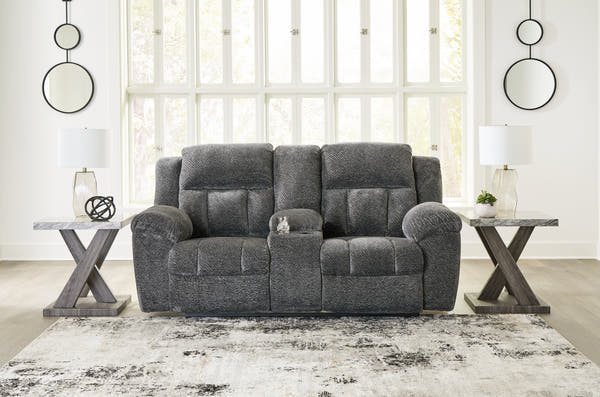 Frohn Graphite Reclining Loveseat with Console and 2 Recliners