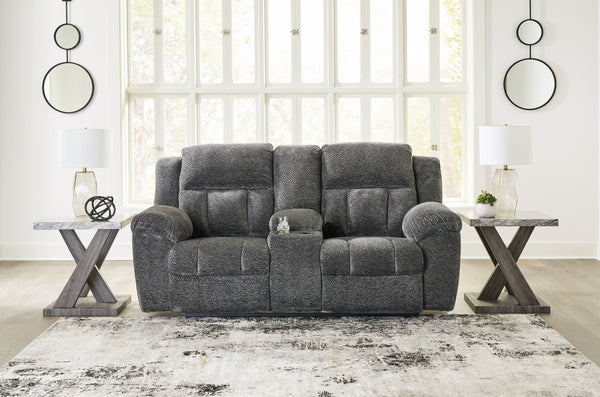 Frohn Graphite Reclining Loveseat with Console and 2 Recliners