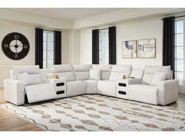 Modmax II Stone 7-Piece Power Reclining Sectional w/ Chaise & Audio Consoles