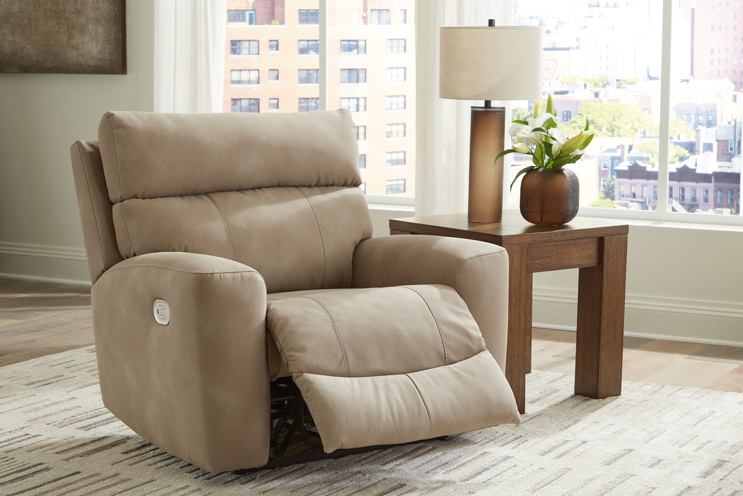 DuraPella Sand Pillow-Arm Power Recliner with Adjustable Headrest