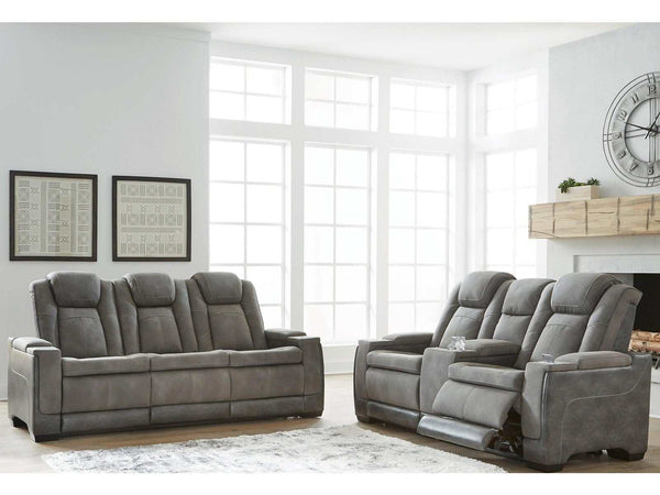 DuraPella Slate Box-Arm Reclining Sofa and Loveseat