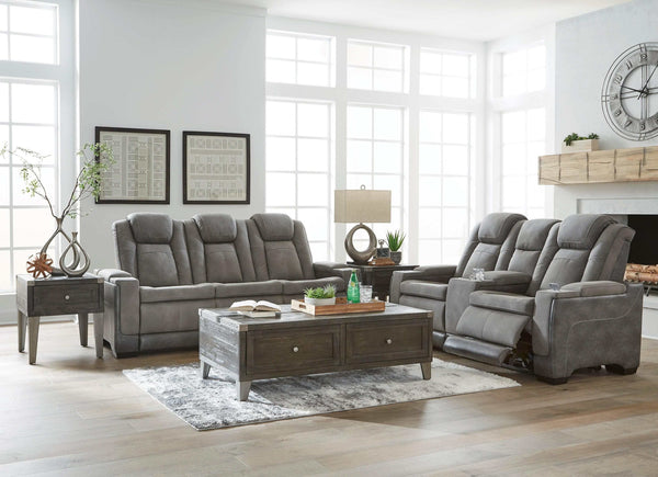 DuraPella Slate Box-Arm Reclining Sofa and Loveseat