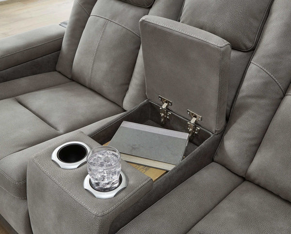 DuraPella Slate Box-Arm Reclining Sofa and Loveseat