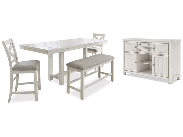 Robbinsdale Antique White Counter Height Dining Table, 2 Barstools, Bench and Server