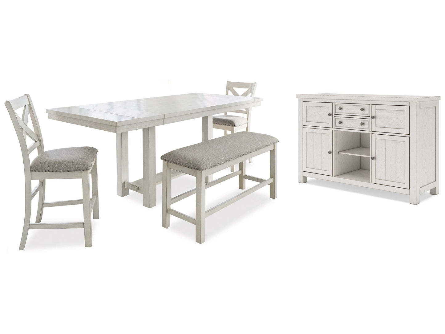 Robbinsdale Antique White Counter Height Dining Table, 2 Barstools, Bench and Server