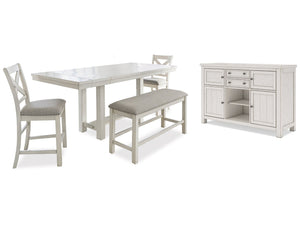 Robbinsdale Antique White Counter Height Dining Table, 2 Barstools, Bench and Server