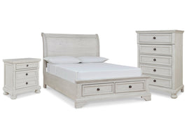 Robbinsdale Antique White Full Sleigh Storage Bed, Chest and Nightstand