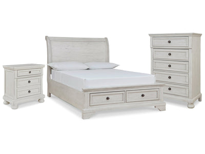 Robbinsdale Antique White Full Sleigh Storage Bed, Chest and Nightstand