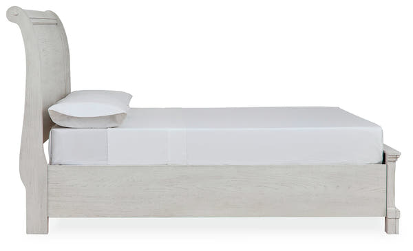 Robbinsdale Antique White Full Sleigh Storage Bed, Dresser and Mirror