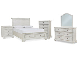 Robbinsdale Antique White Full Storage Sleigh Bedroom Set with Dresser, Mirror, Chest and Nightstand