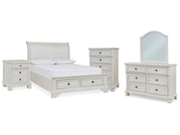Robbinsdale Antique White Full Storage Sleigh Bedroom Set with Dresser, Mirror, Chest and Nightstand
