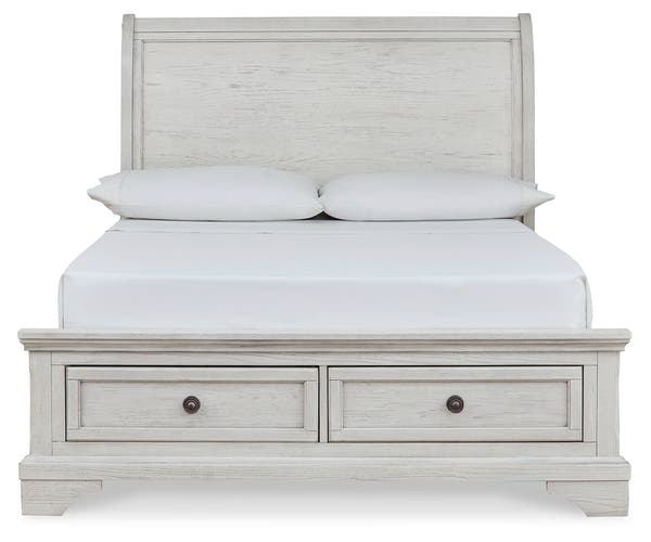 Robbinsdale Antique White Full Storage Sleigh Bedroom Set with Dresser, Mirror, Chest and Nightstand