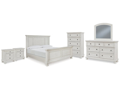 Robbinsdale Antique White King Panel Bed & Dresser & Mirror & Chest & 2 Nightstands